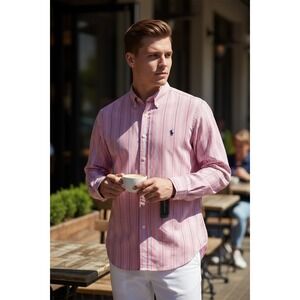 NWT Ralph Lauren Men's 16 Classic Fit Pink Blue Stripe Button-Down Shirt